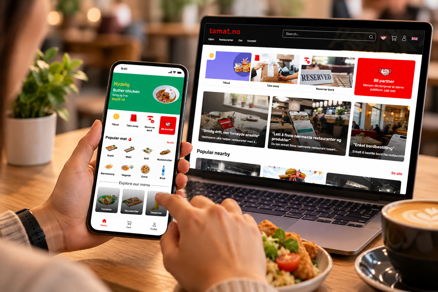 Tamat app på mobil og laptop med restaurantbestilling